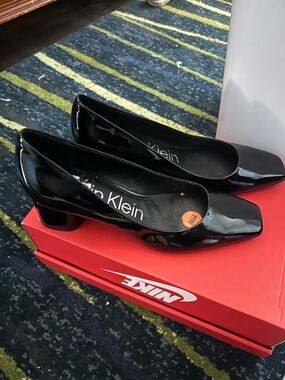 Calvin Klein Black Patent Mid Heel Pumps